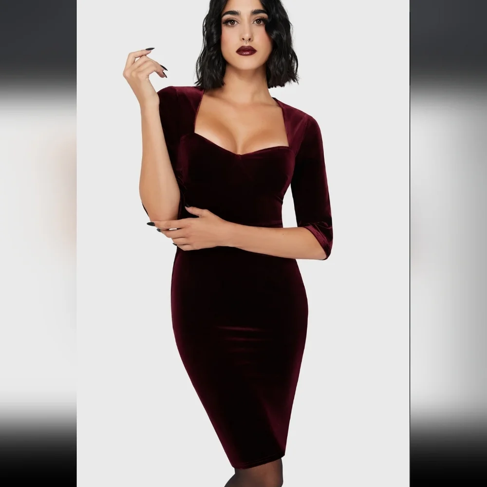 Nwt Killstar Velvet Long Sleeve Dress in Deep Burgundy - Picture 3 of 6